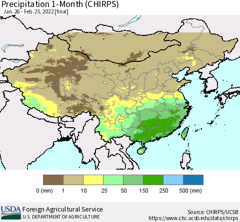 China, Mongolia and Taiwan Precipitation 1-Month (CHIRPS) Thematic Map For 1/26/2022 - 2/25/2022