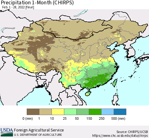 China, Mongolia and Taiwan Precipitation 1-Month (CHIRPS) Thematic Map For 2/1/2022 - 2/28/2022