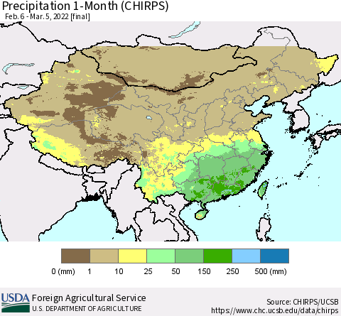 China, Mongolia and Taiwan Precipitation 1-Month (CHIRPS) Thematic Map For 2/6/2022 - 3/5/2022