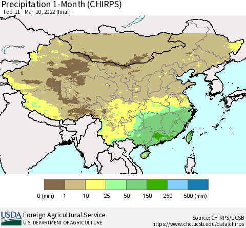 China, Mongolia and Taiwan Precipitation 1-Month (CHIRPS) Thematic Map For 2/11/2022 - 3/10/2022