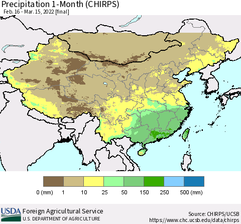 China, Mongolia and Taiwan Precipitation 1-Month (CHIRPS) Thematic Map For 2/16/2022 - 3/15/2022