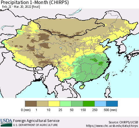 China, Mongolia and Taiwan Precipitation 1-Month (CHIRPS) Thematic Map For 2/21/2022 - 3/20/2022