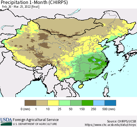 China, Mongolia and Taiwan Precipitation 1-Month (CHIRPS) Thematic Map For 2/26/2022 - 3/25/2022