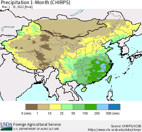 China, Mongolia and Taiwan Precipitation 1-Month (CHIRPS) Thematic Map For 3/1/2022 - 3/31/2022
