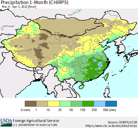 China, Mongolia and Taiwan Precipitation 1-Month (CHIRPS) Thematic Map For 3/6/2022 - 4/5/2022