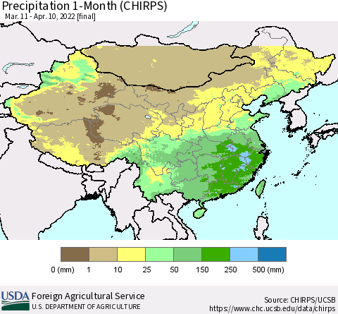 China, Mongolia and Taiwan Precipitation 1-Month (CHIRPS) Thematic Map For 3/11/2022 - 4/10/2022