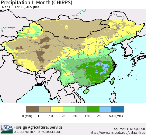 China, Mongolia and Taiwan Precipitation 1-Month (CHIRPS) Thematic Map For 3/16/2022 - 4/15/2022