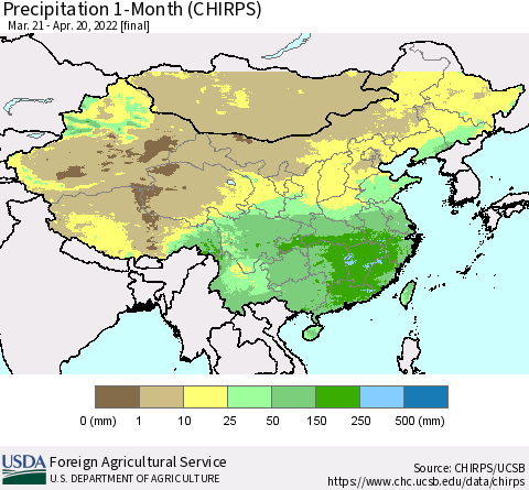 China, Mongolia and Taiwan Precipitation 1-Month (CHIRPS) Thematic Map For 3/21/2022 - 4/20/2022