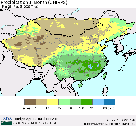 China, Mongolia and Taiwan Precipitation 1-Month (CHIRPS) Thematic Map For 3/26/2022 - 4/25/2022