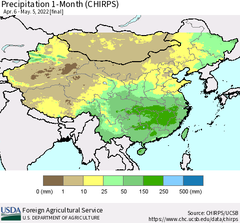China, Mongolia and Taiwan Precipitation 1-Month (CHIRPS) Thematic Map For 4/6/2022 - 5/5/2022