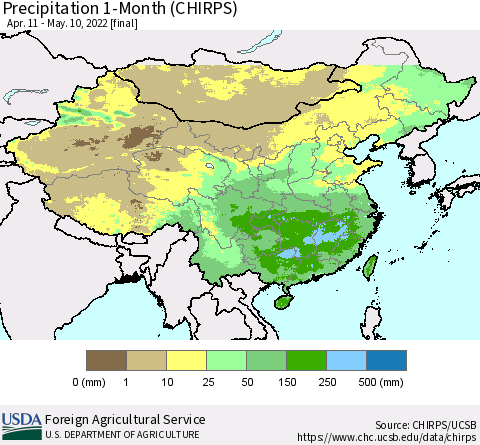 China, Mongolia and Taiwan Precipitation 1-Month (CHIRPS) Thematic Map For 4/11/2022 - 5/10/2022