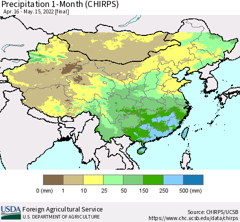 China, Mongolia and Taiwan Precipitation 1-Month (CHIRPS) Thematic Map For 4/16/2022 - 5/15/2022