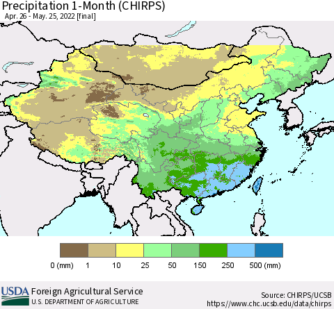 China, Mongolia and Taiwan Precipitation 1-Month (CHIRPS) Thematic Map For 4/26/2022 - 5/25/2022