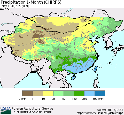 China, Mongolia and Taiwan Precipitation 1-Month (CHIRPS) Thematic Map For 5/1/2022 - 5/31/2022
