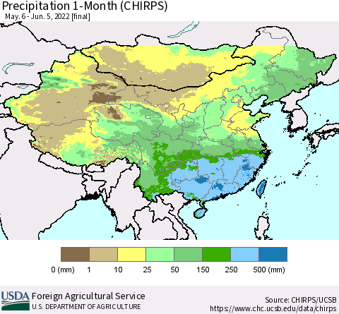 China, Mongolia and Taiwan Precipitation 1-Month (CHIRPS) Thematic Map For 5/6/2022 - 6/5/2022