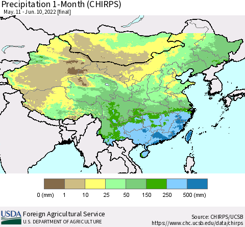 China, Mongolia and Taiwan Precipitation 1-Month (CHIRPS) Thematic Map For 5/11/2022 - 6/10/2022