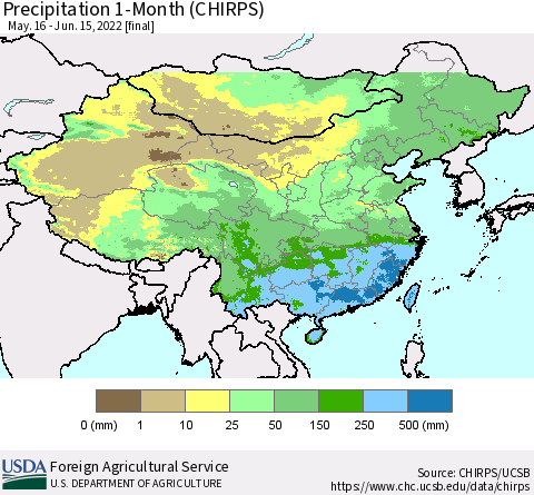 China, Mongolia and Taiwan Precipitation 1-Month (CHIRPS) Thematic Map For 5/16/2022 - 6/15/2022