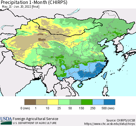 China, Mongolia and Taiwan Precipitation 1-Month (CHIRPS) Thematic Map For 5/21/2022 - 6/20/2022