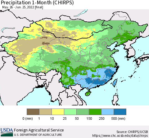 China, Mongolia and Taiwan Precipitation 1-Month (CHIRPS) Thematic Map For 5/26/2022 - 6/25/2022