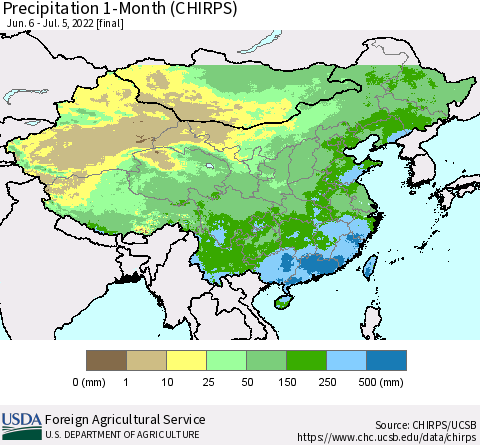 China, Mongolia and Taiwan Precipitation 1-Month (CHIRPS) Thematic Map For 6/6/2022 - 7/5/2022