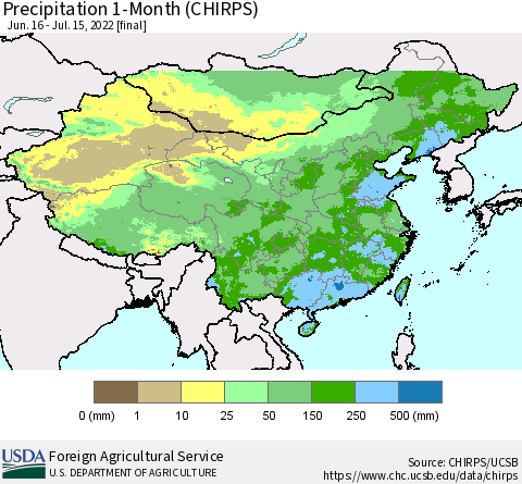China, Mongolia and Taiwan Precipitation 1-Month (CHIRPS) Thematic Map For 6/16/2022 - 7/15/2022