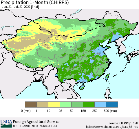 China, Mongolia and Taiwan Precipitation 1-Month (CHIRPS) Thematic Map For 6/21/2022 - 7/20/2022