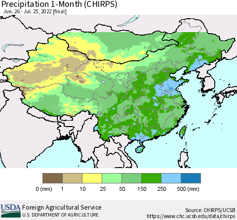 China, Mongolia and Taiwan Precipitation 1-Month (CHIRPS) Thematic Map For 6/26/2022 - 7/25/2022