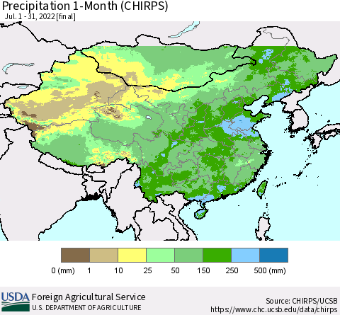 China, Mongolia and Taiwan Precipitation 1-Month (CHIRPS) Thematic Map For 7/1/2022 - 7/31/2022