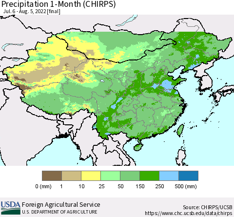 China, Mongolia and Taiwan Precipitation 1-Month (CHIRPS) Thematic Map For 7/6/2022 - 8/5/2022
