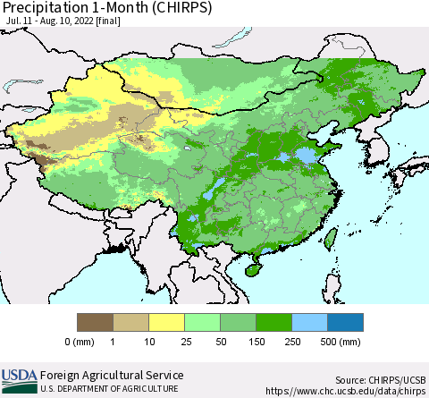 China, Mongolia and Taiwan Precipitation 1-Month (CHIRPS) Thematic Map For 7/11/2022 - 8/10/2022