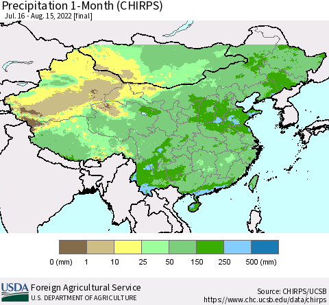 China, Mongolia and Taiwan Precipitation 1-Month (CHIRPS) Thematic Map For 7/16/2022 - 8/15/2022