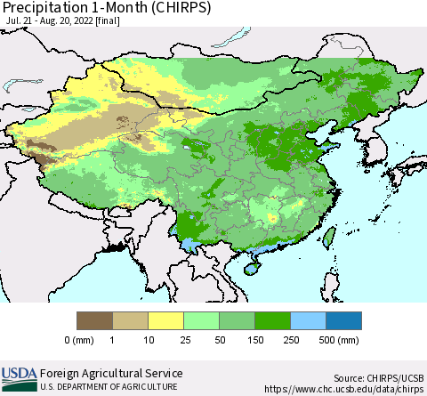 China, Mongolia and Taiwan Precipitation 1-Month (CHIRPS) Thematic Map For 7/21/2022 - 8/20/2022