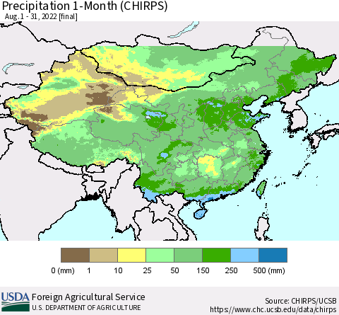 China, Mongolia and Taiwan Precipitation 1-Month (CHIRPS) Thematic Map For 8/1/2022 - 8/31/2022