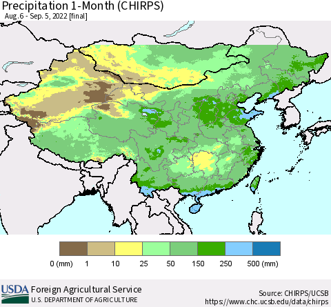China, Mongolia and Taiwan Precipitation 1-Month (CHIRPS) Thematic Map For 8/6/2022 - 9/5/2022