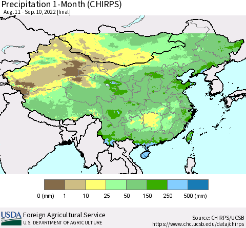 China, Mongolia and Taiwan Precipitation 1-Month (CHIRPS) Thematic Map For 8/11/2022 - 9/10/2022