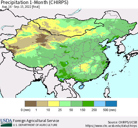 China, Mongolia and Taiwan Precipitation 1-Month (CHIRPS) Thematic Map For 8/16/2022 - 9/15/2022