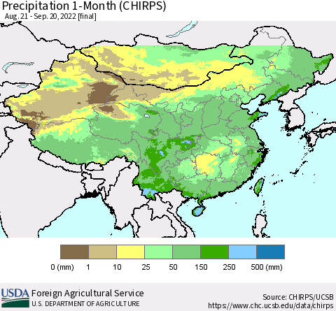 China, Mongolia and Taiwan Precipitation 1-Month (CHIRPS) Thematic Map For 8/21/2022 - 9/20/2022