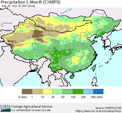 China, Mongolia and Taiwan Precipitation 1-Month (CHIRPS) Thematic Map For 8/26/2022 - 9/25/2022