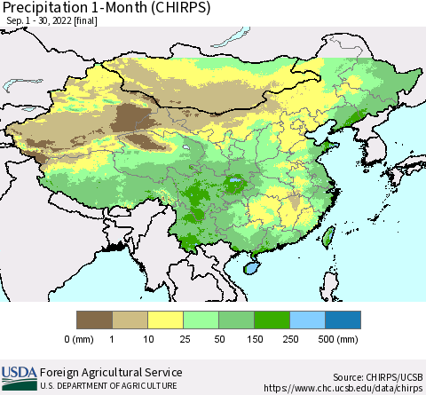 China, Mongolia and Taiwan Precipitation 1-Month (CHIRPS) Thematic Map For 9/1/2022 - 9/30/2022