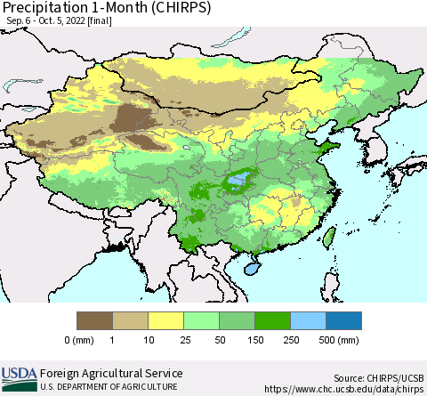 China, Mongolia and Taiwan Precipitation 1-Month (CHIRPS) Thematic Map For 9/6/2022 - 10/5/2022