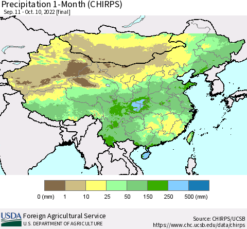 China, Mongolia and Taiwan Precipitation 1-Month (CHIRPS) Thematic Map For 9/11/2022 - 10/10/2022
