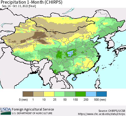 China, Mongolia and Taiwan Precipitation 1-Month (CHIRPS) Thematic Map For 9/16/2022 - 10/15/2022