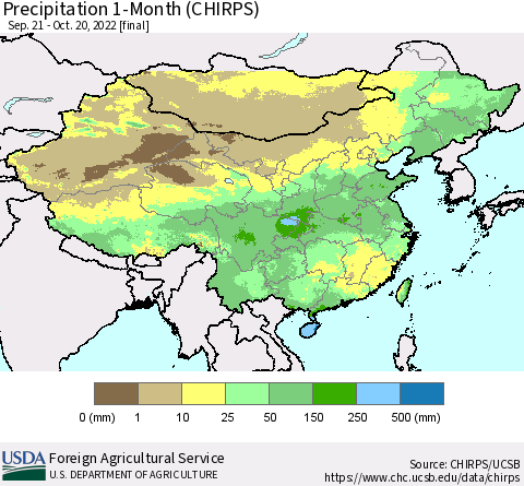 China, Mongolia and Taiwan Precipitation 1-Month (CHIRPS) Thematic Map For 9/21/2022 - 10/20/2022