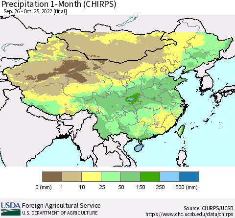 China, Mongolia and Taiwan Precipitation 1-Month (CHIRPS) Thematic Map For 9/26/2022 - 10/25/2022