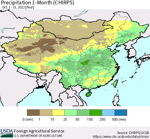 China, Mongolia and Taiwan Precipitation 1-Month (CHIRPS) Thematic Map For 10/1/2022 - 10/31/2022