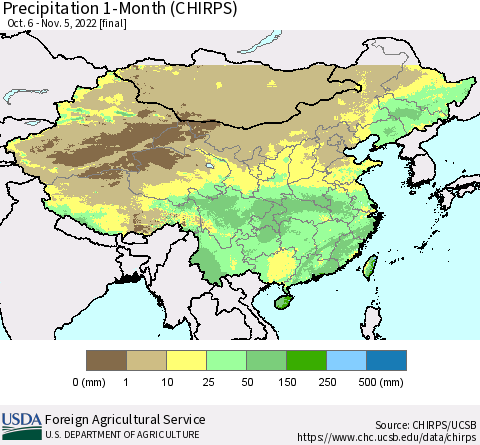 China, Mongolia and Taiwan Precipitation 1-Month (CHIRPS) Thematic Map For 10/6/2022 - 11/5/2022