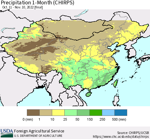 China, Mongolia and Taiwan Precipitation 1-Month (CHIRPS) Thematic Map For 10/11/2022 - 11/10/2022