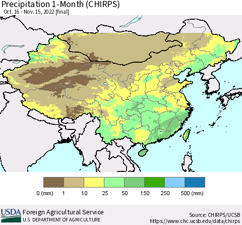 China, Mongolia and Taiwan Precipitation 1-Month (CHIRPS) Thematic Map For 10/16/2022 - 11/15/2022