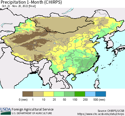 China, Mongolia and Taiwan Precipitation 1-Month (CHIRPS) Thematic Map For 10/21/2022 - 11/20/2022
