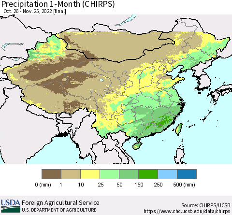 China, Mongolia and Taiwan Precipitation 1-Month (CHIRPS) Thematic Map For 10/26/2022 - 11/25/2022